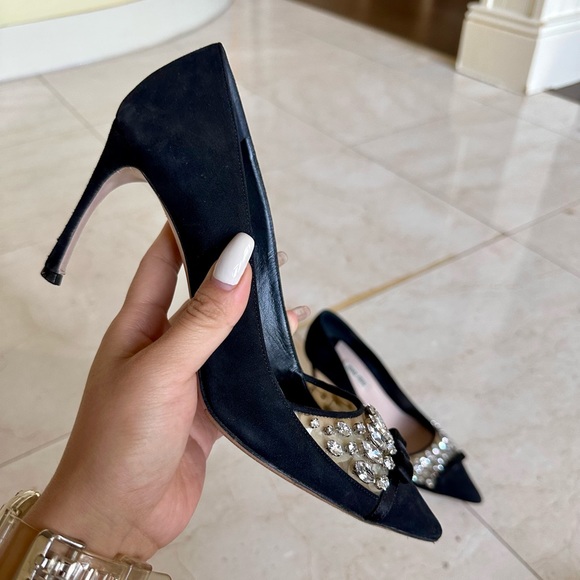 Miu Miu Crystal Rhinestone Embellished Black Suede Pumps Heels 37.5 LIKE NEW - Picture 4 of 8